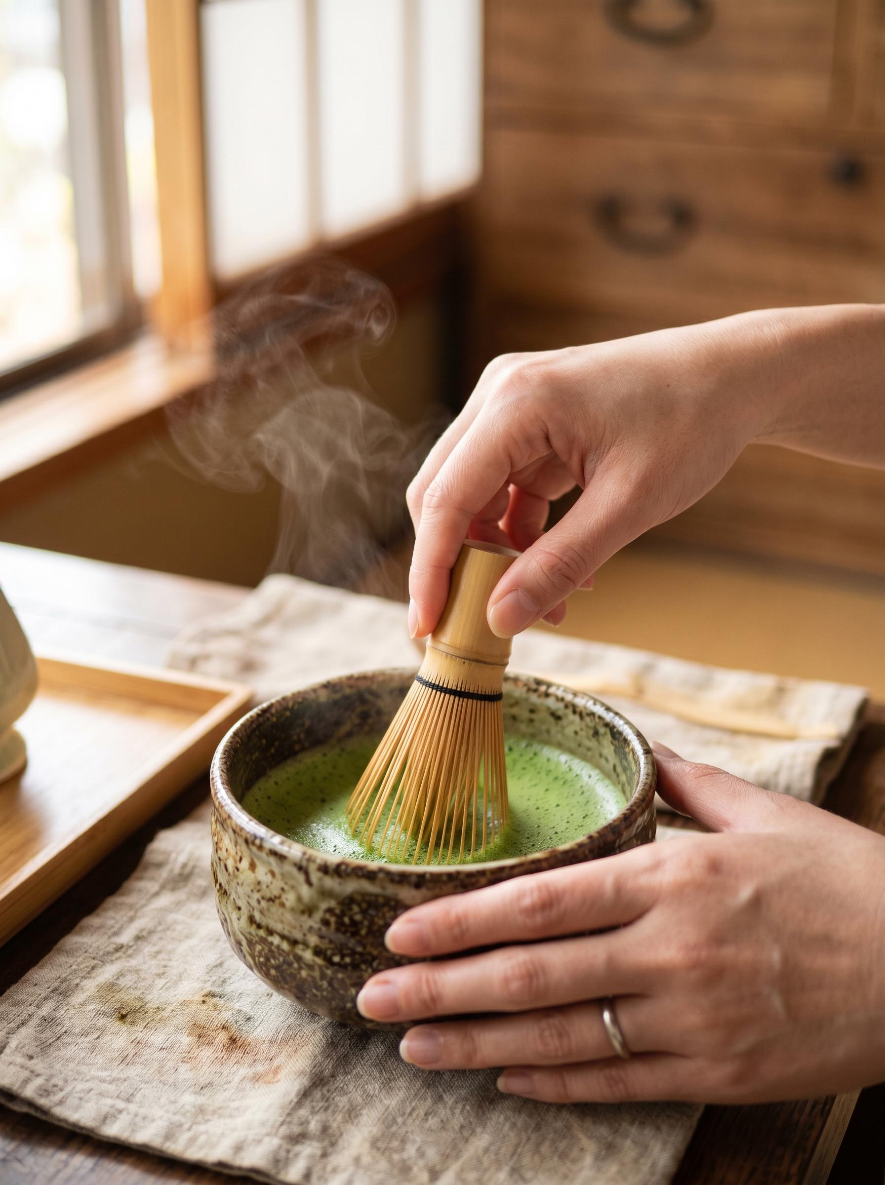 Hands preparing matcha
